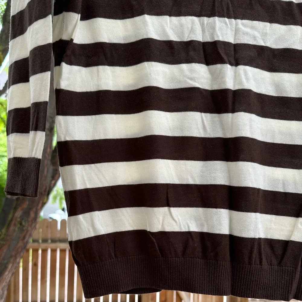 J. Crew Featherweight Chocolate Brown Ivory Cardigan Striped V Neck Cotton Large